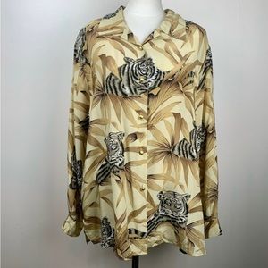 1990s Silk Blouse with Tigers Vintage Plus Size 1X